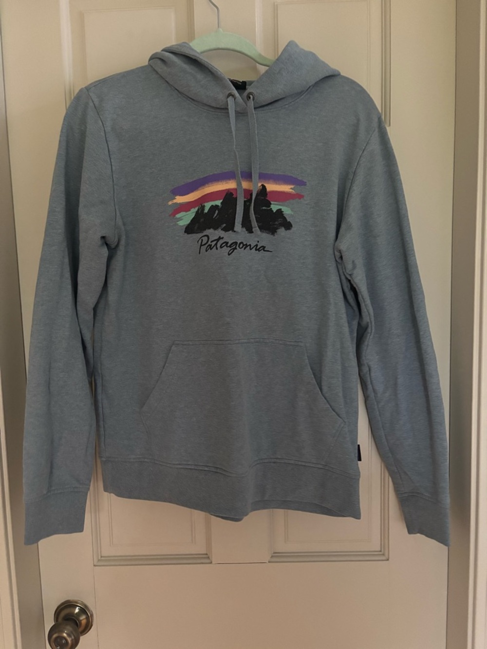 Patagonia Light Blue Pullover Hoodie with Mountain Graphic